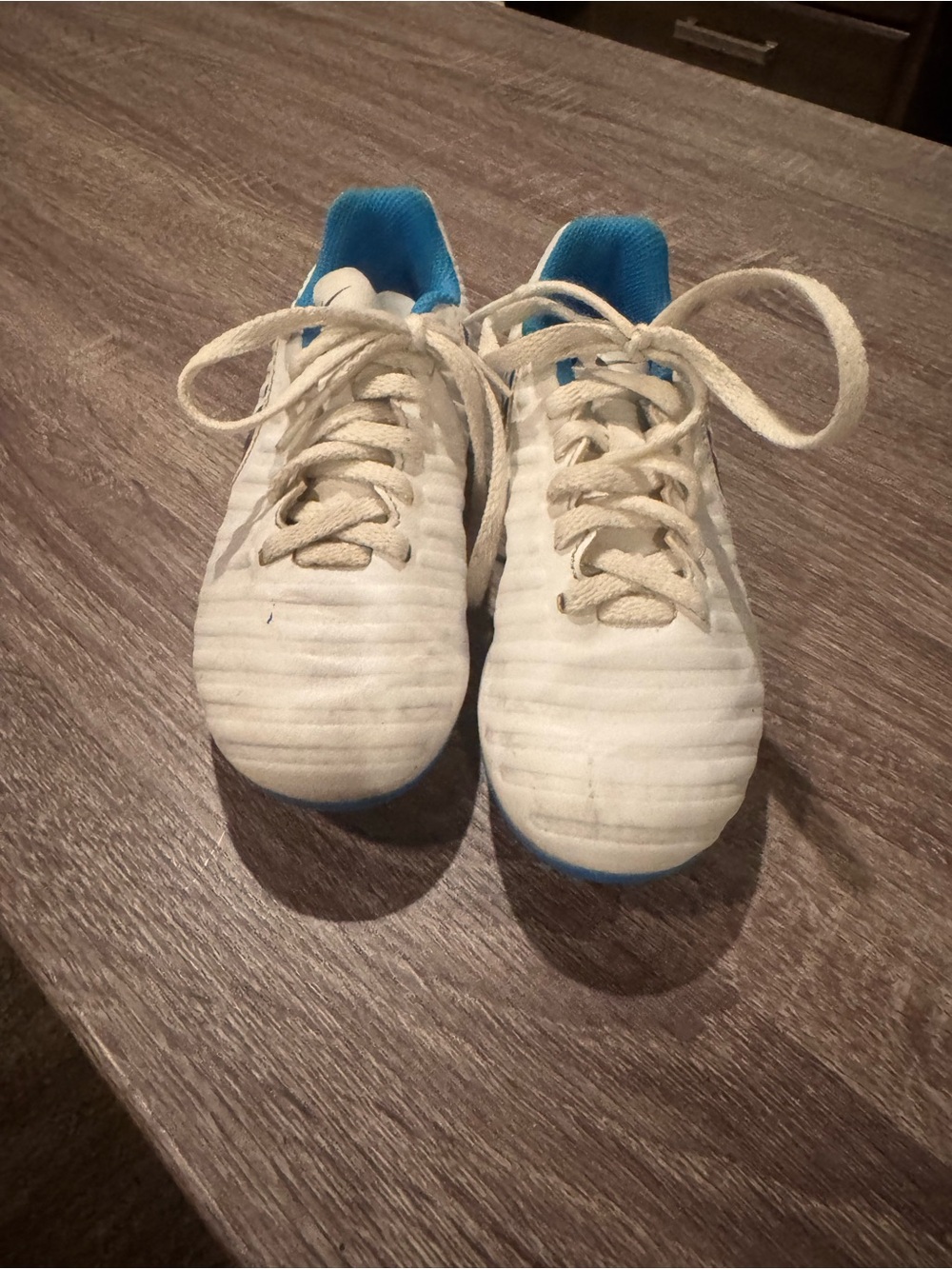 Nike Tiempo Kid’s White and Blue Soccer Cleats Size 11.5 C- EUC